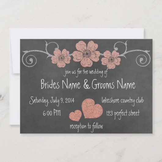 Wild Peach Rose Chalkboard Hochzeit Einladung (Vorderseite)