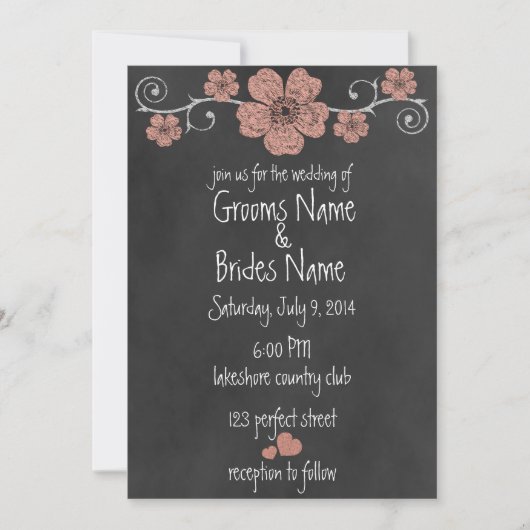 Wild Peach Rose Chalkboard Hochzeit Einladung (Vorderseite)