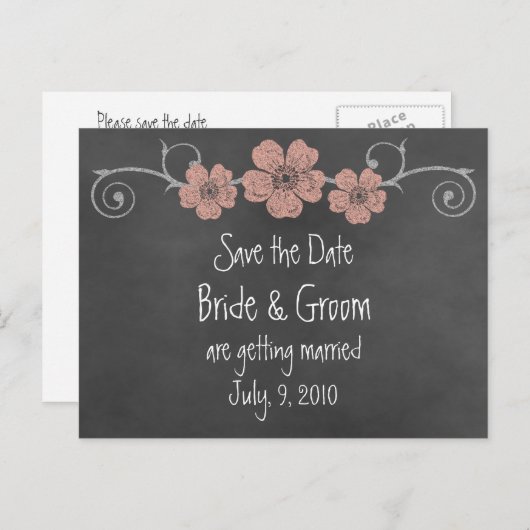 Wild Peach Rose Chalkboard Save the Date Postkarte (Vorne/Hinten)
