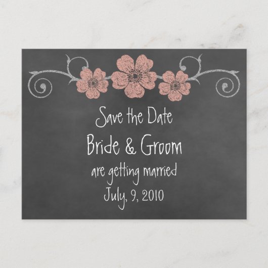 Wild Peach Rose Chalkboard Save the Date Postkarte (Vorderseite)