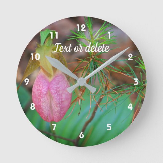 Wild Pink Lady Slipper Orchid And Evergreens Runde Wanduhr (Vorderseite)