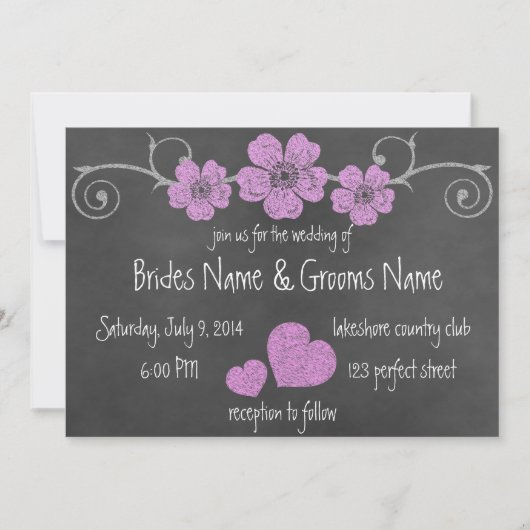 Wild Pink Roses Chalkboard Hochzeit Einladung (Vorderseite)
