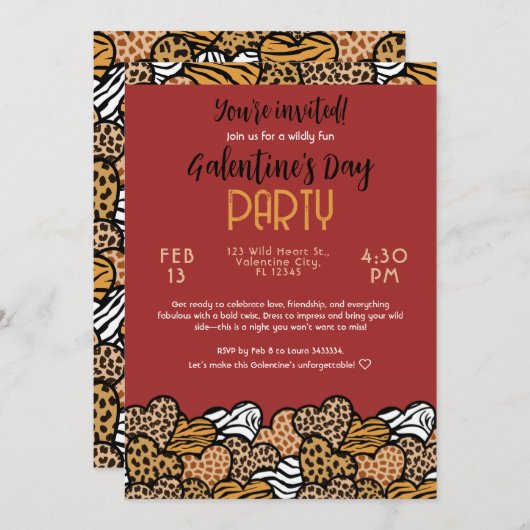Wild Red Animal Print Heart Galentine's Day Party Einladung (Vorne/Hinten)
