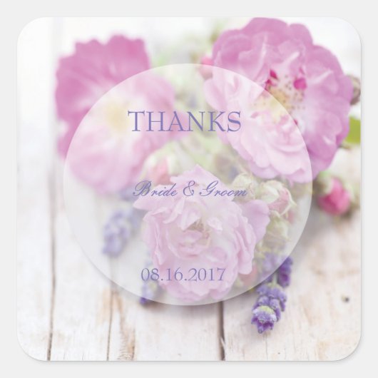 Wild Rose & Lavender Summer Wedding Danke Quadratischer Aufkleber (Vorderseite)