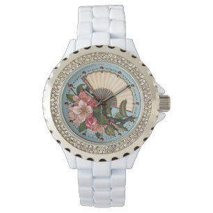 WILD ROSE MIT FARN Pink Blue Floral Armbanduhr