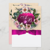 WILD-ROSE MIT PINK RIBBON,MONOGRAM-Goldmetall Einladung (Vorne/Hinten)