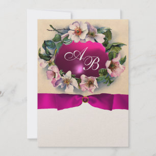 WILD-ROSE MIT PINK RIBBON,MONOGRAM-Goldmetall Einladung