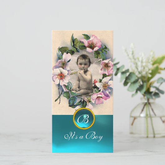 WILD ROSE UND AQUA BLAUE GEM MONOGRAM ANKÜNDIGUNG (Stehend Vorderseite)