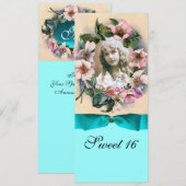 WILD-ROSE UND BLAUES RIBBON-FOTO-VORLAGENMONOGRAMM EINLADUNG (Vorne/Hinten)