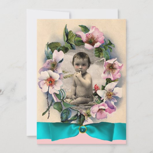 WILD-ROSE UND BLAUES RIBBON-FOTO-VORLAGENMONOGRAMM EINLADUNG (Vorderseite)