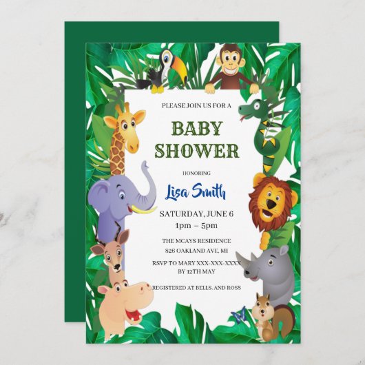 Wild Safari Animal Jungle Baby Shower Einladung (Vorne/Hinten)