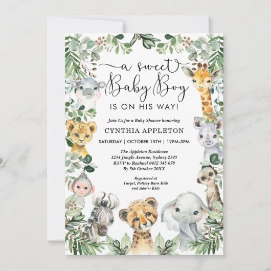 Wild Safari Animals Baby Dusche Jungle Grüne Einladung (Vorderseite)
