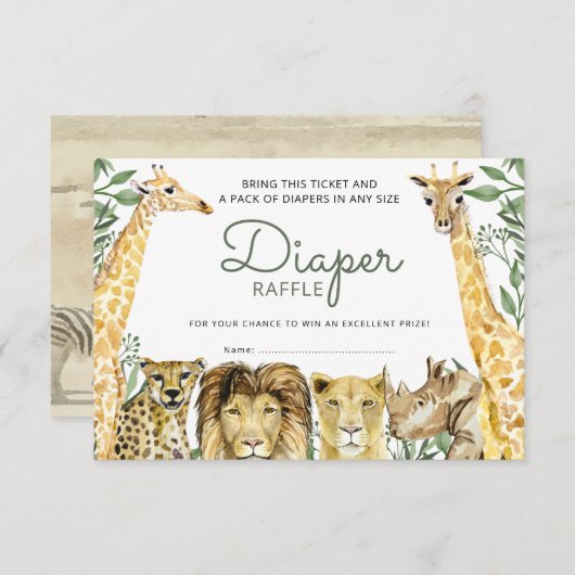 Wild Safari Animals Baby Duwer Diaper Raffle Einladung (Vorne/Hinten)