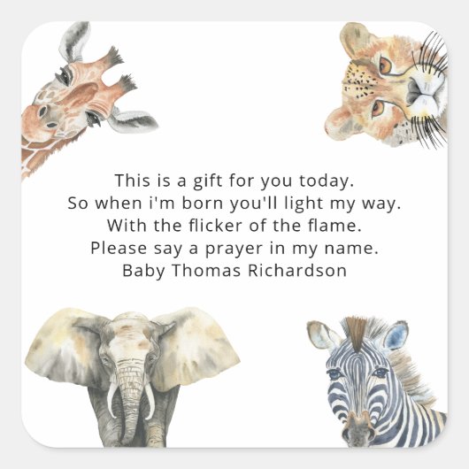 Wild Safari Animals - Gebetskandaletikett Quadratischer Aufkleber (Vorderseite)