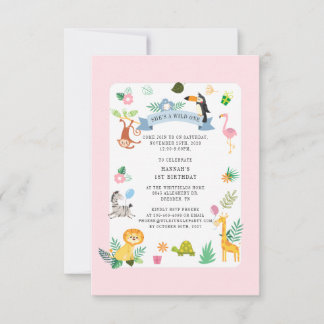 Wild Safari Animals Girl 1. Geburtstag Jungle Part Einladung
