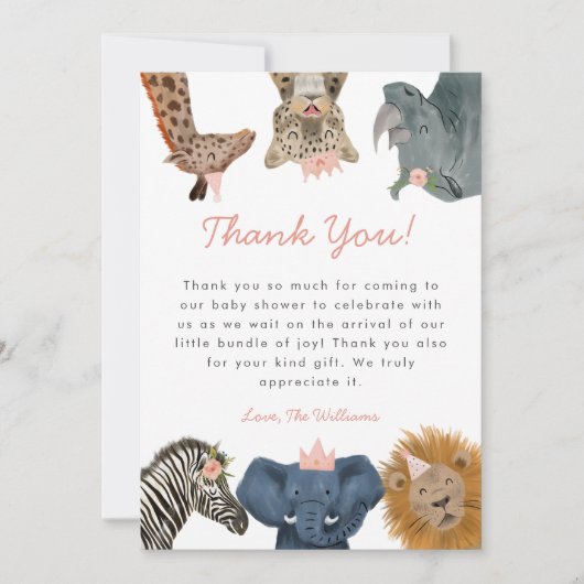 Wild Safari Animals Girl Baby Shower Dankeskarte (Vorderseite)