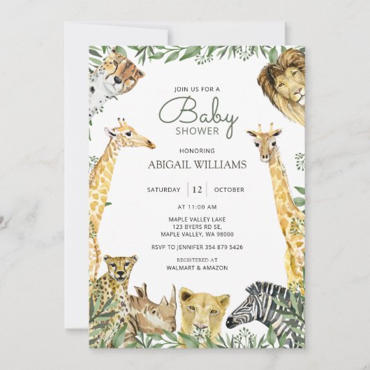 Wild Safari Animals Kinderdusche Einladung (Vorderseite)