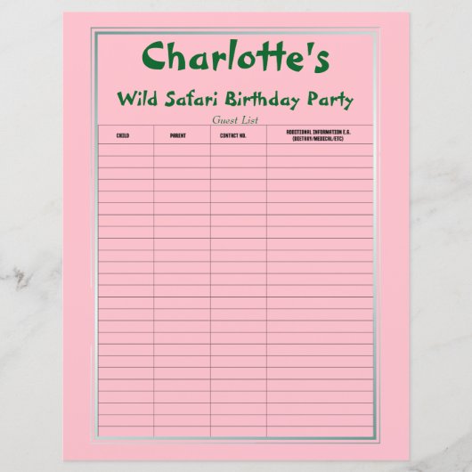 Wild Safari Birthday Party Guest List (Vorderseite)