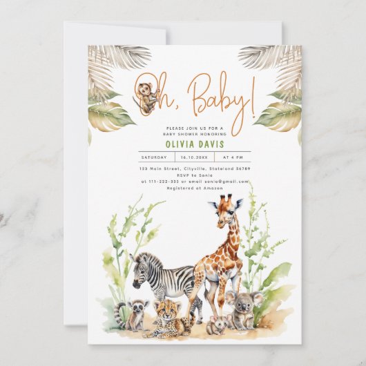 Wild Safari Jungle Baby Animals Baby Shower Einladung (Vorderseite)