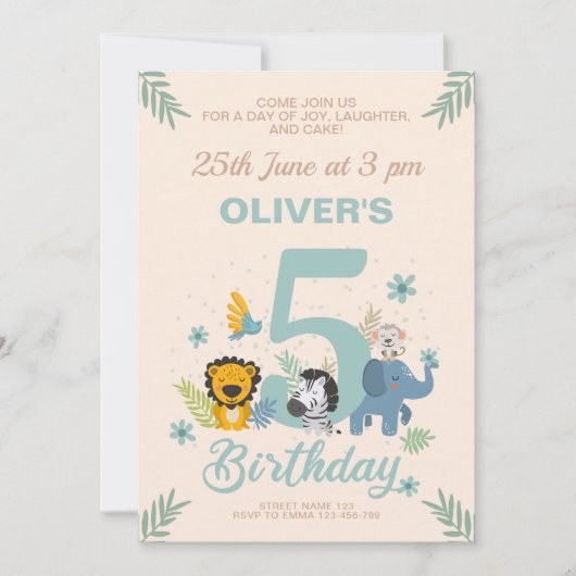 Wild Safari Pastel 5. Geburtstag Einladung (Vorderseite)