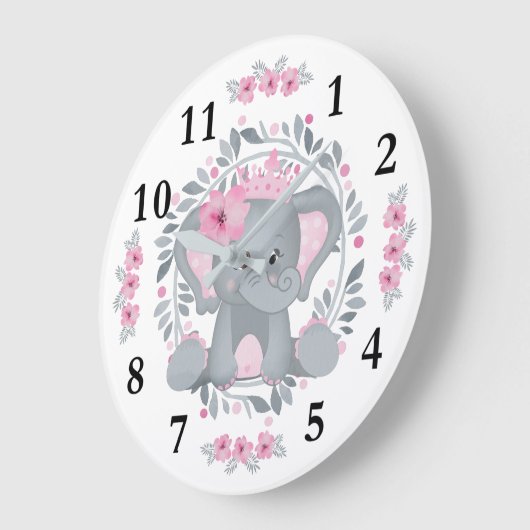 Wild Safari Pink Floral Baby Elephant Baby Kinderz Große Wanduhr (Winkel)