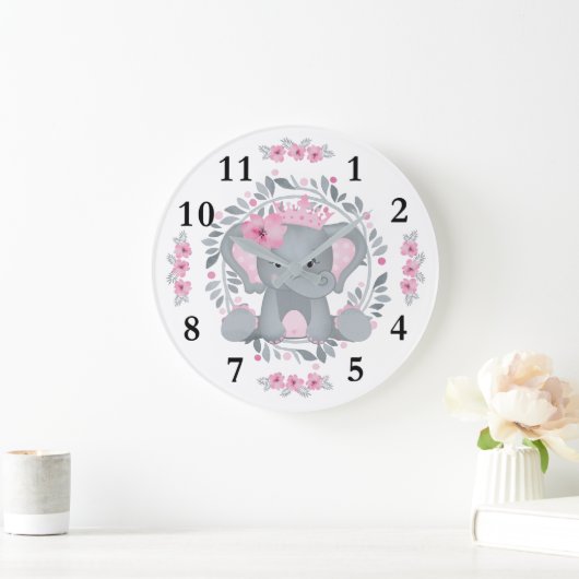 Wild Safari Pink Floral Baby Elephant Baby Kinderz Große Wanduhr (Zuhause)
