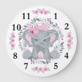 Wild Safari Pink Floral Baby Elephant Baby Kinderz Große Wanduhr (Vorderseite)