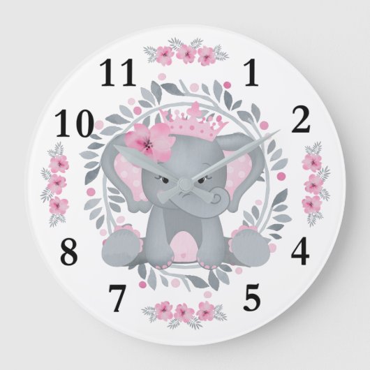 Wild Safari Pink Floral Baby Elephant Baby Kinderz Große Wanduhr (Vorderseite)