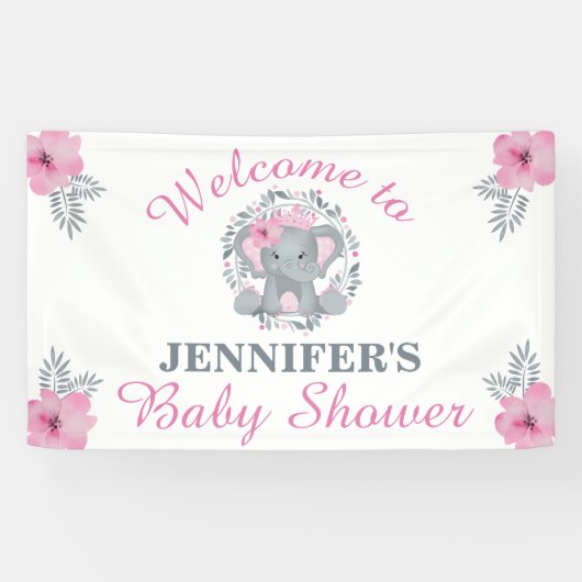 Wild Safari Pink Floral Elephant Baby Dusche Banner (Horizontal)