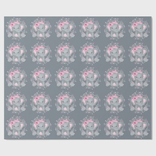 Wild Safari Pink Floral Elephant Baby Dusche Grau Geschenkpapier (Flach)