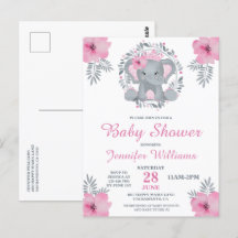 Wild Safari Pink Floral Elephant Baby Shower Invit