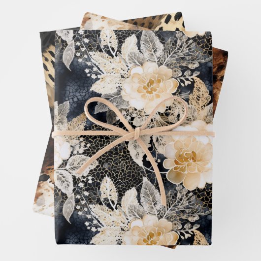 Wild Schwarzer Cream Leopard Tier Floral Geschenkpapier Set (Beispiel)