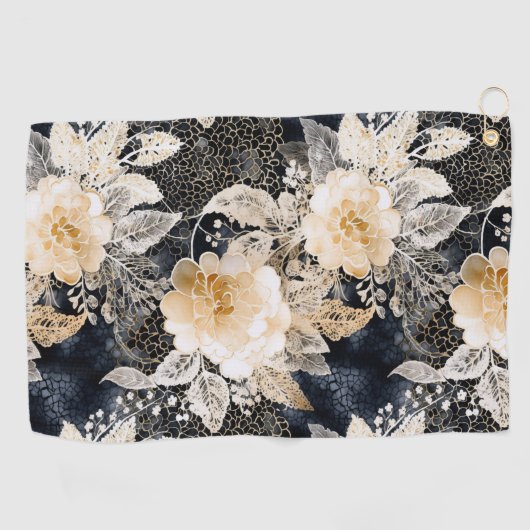 Wild Schwarzer Cream Leopard Tier Floral Golfhandtuch (Horizontal)