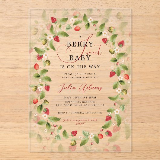 WILD STRAWBERRY SWEET BABY SHOWER ACRYLEINLADUNGEN (Vorderseite)