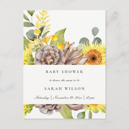 WILD SUNFLOWER EUCALYPTUS PINE FLORAL BABY DUSCHE EINLADUNGSPOSTKARTE (Vorderseite)