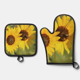 Wild Sunflowers and Bees Farmhouse Style Ofenhandschuh & Topflappen-Set