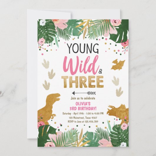 Wild Three Dino Party Girl Pink Dinosaur Geburtsta Einladung (Vorderseite)