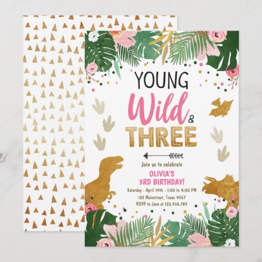 Wild Three Dino Party Girl Pink Dinosaur Geburtsta Einladung (Vorne/Hinten)