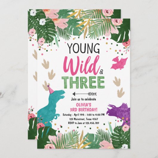 Wild Three Dino Party Girl Pink Dinosaur Geburtsta Einladung (Vorne/Hinten)