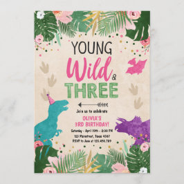 Wild Three Dino Party Girl Pink Dinosaur Geburtsta Einladung