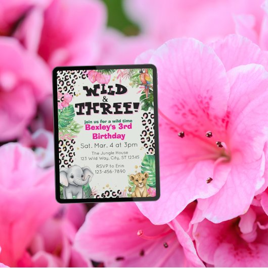 Wild & Three Pink Jungle Birthday Einladung