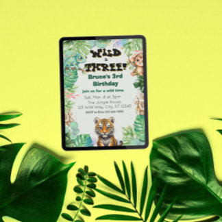 Wild & Three, Watercolor Jungle Birthday Einladung