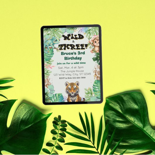 Wild & Three, Watercolor Jungle Birthday Einladung