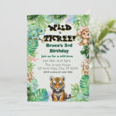 Wild & Three, Watercolor Jungle Birthday Einladung (Stehend Vorderseite)