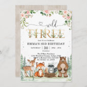 Wild Three Woodland Party Animals 3rd Birthday Einladung (Vorne/Hinten)