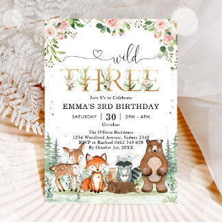Wild Three Woodland Party Animals 3rd Birthday Einladung