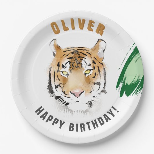 Wild Tiger Head Watercolor Birthday Name Pappteller (Vorderseite)