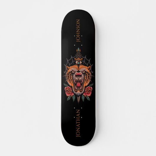 Wild Tiger japanische Rose Illustration Nachname Skateboard (Vorne)