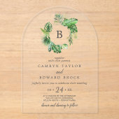 Wild Tropical Palm Arch Zielort Hochzeit am Strand Acryleinladungen (Vorderseite)