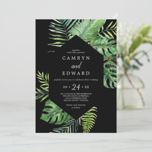 Wild Tropical Palm | Black Hexagon Lässig Wedding Einladung (Stehend Vorderseite)